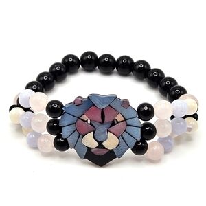 VINTAGE Lee Sands Lion Face Mother of Pearl Onyx Inlay Stretch Beaded Bracelet